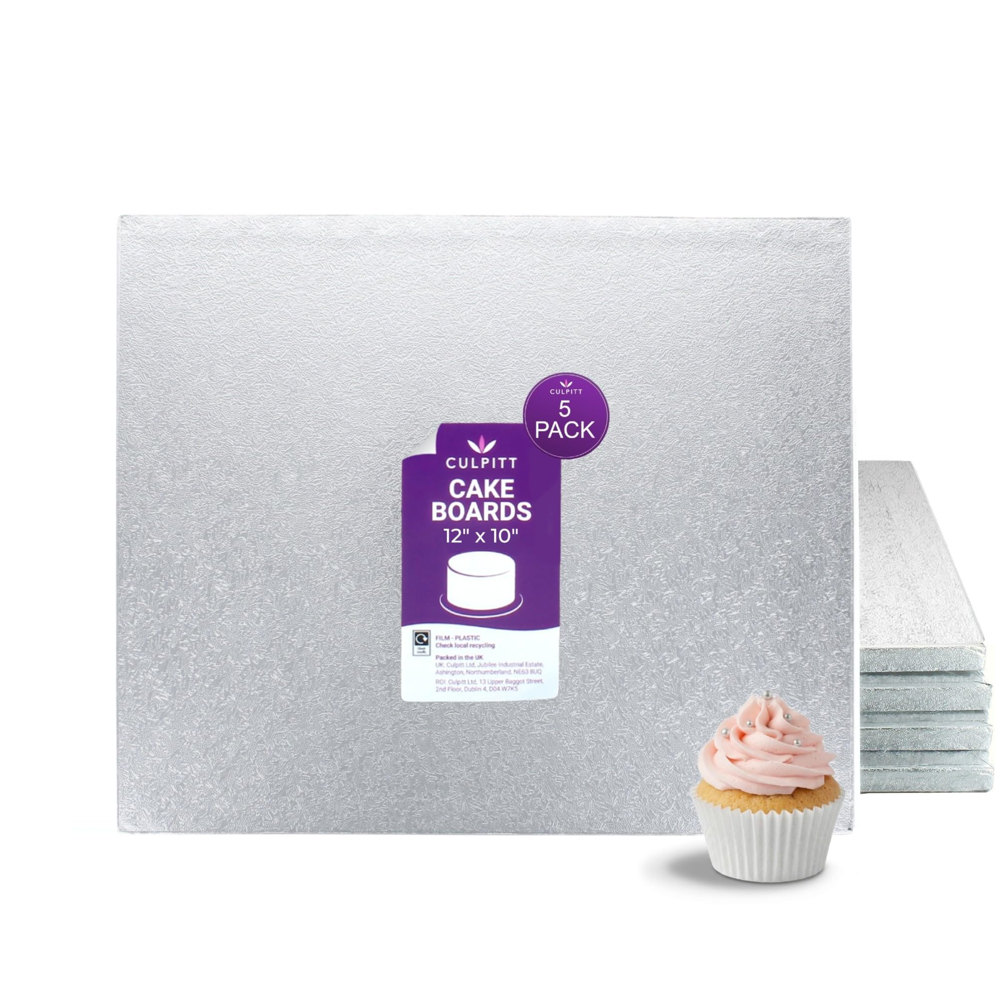 Culpitt 12" x 10" Cake Board | 5 Pack | Oblong Cake Drum, Rectangular, 0.5 Inch (13mm) Thick, Boards For Tray Bakes, Cakes, And Cupcake Displays | Silver - Pack of 5
