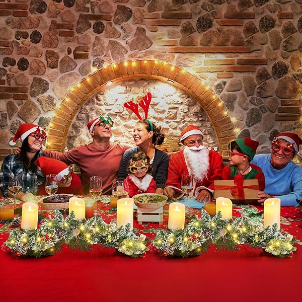4 PCS CHRISTMAS TABLE CENTERPIECE DECORATION WITH 3 CHRISTMAS CANDLE HOLDERS LED FAIRY LIGHTS STRING LIGHTS BATTERY OPERATED ARTIFICIAL RED BERRIES PINE CONES FOR KITCHEN INDOOR HOME (BRIGHT STYLE)
