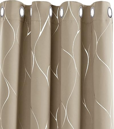 Deconovo Taupe Wave Foil Printed Blackout Curtains Eyelet Pair W52x63