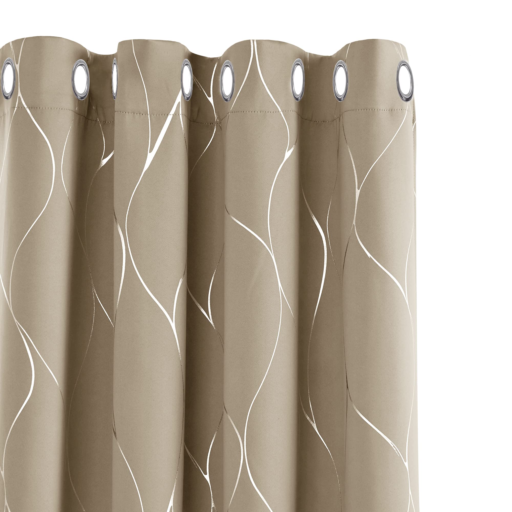Deconovo Blackout Curtains Silver Wave Line Foil Printed Curtains Thermal Insulated Eyelet Curtains for Bedroom Taupe W46 x L72 One Pair