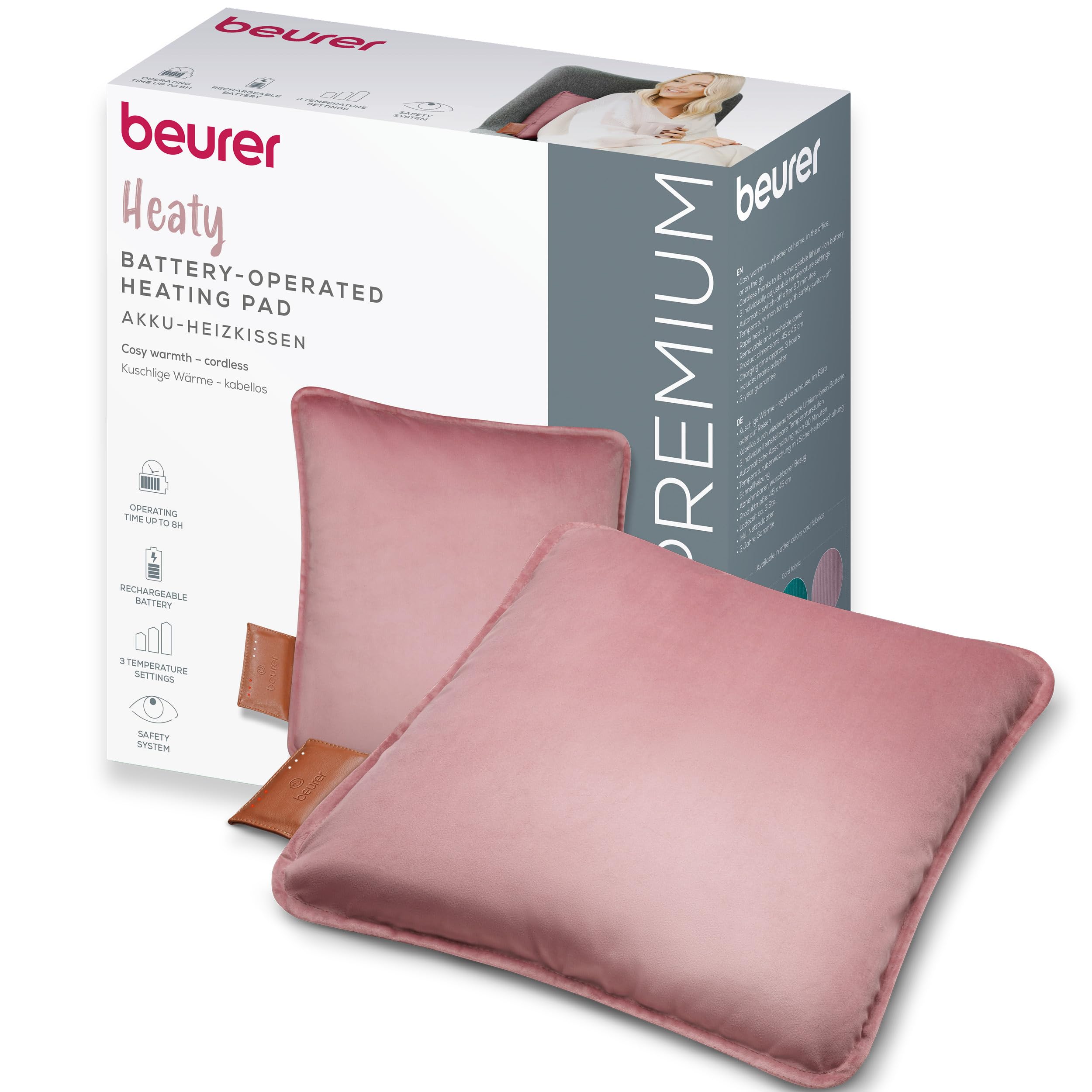 Beurer Heaty Heizkissen, kabelloses Heizkissen mit Akku, Wärmekissen mit Abschaltautomatik und 3 Temperaturstufen, mit Schnellheizung, weicher Samtstoff, blush-rose/rosa