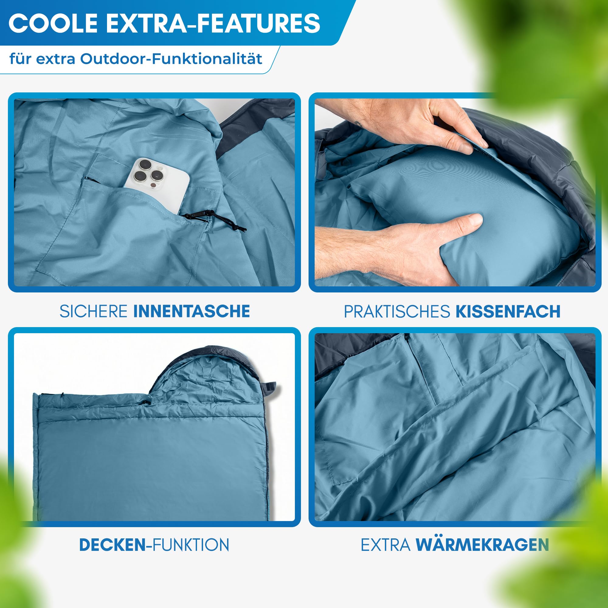 NORDMUT® Deckenschlafsack Erwachsene mit Zwei-Wege YKK-Reißverschluss – kleines Packmaß & Ultraleicht 1600g – 3-Jahreszeiten (250 GSM) – Schlafsack für Camping, Outdoor & Festivals (Marine) 7