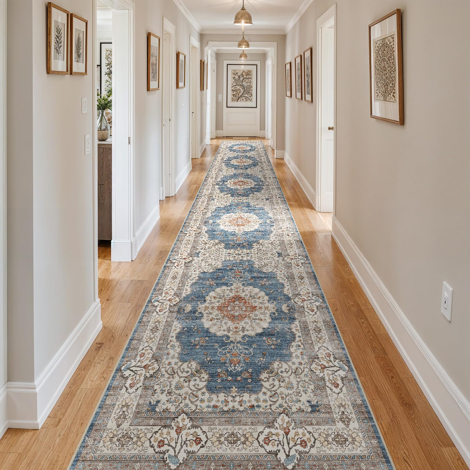 3x20 Washable Hallway Runner Rug:Oriental Indoor Kitchen Rugs Vintage Door Mat Non Slip with Rubber Backing Low Pile Thin Carpet for Bedroom Bathroom Living Room Bedside (3x20 Blue/Beige) Image