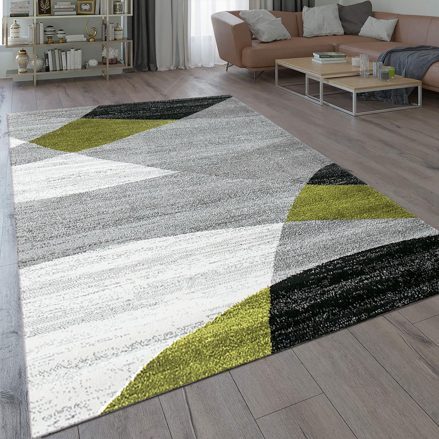 VIMODA Living room carpet Modern Geometrical Pattern Mottled in Grey White Black and green - ÖKO TEX Certified - Green, 31.50" x 59.06"
