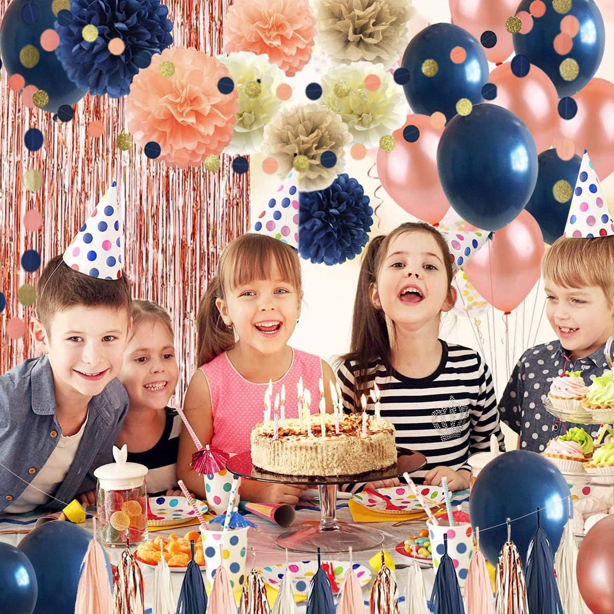 32 Pack Navy Blue Rose Gold Party Decoration Kit - Navy Rose Gold Balloons, Curtains, Paper Flowers,Tassel and Garland for Bridal Shower, Baby Shower, Gender Reveal, Graduation, Rose Gold Bachelorette Party Decorations: Toys & Games