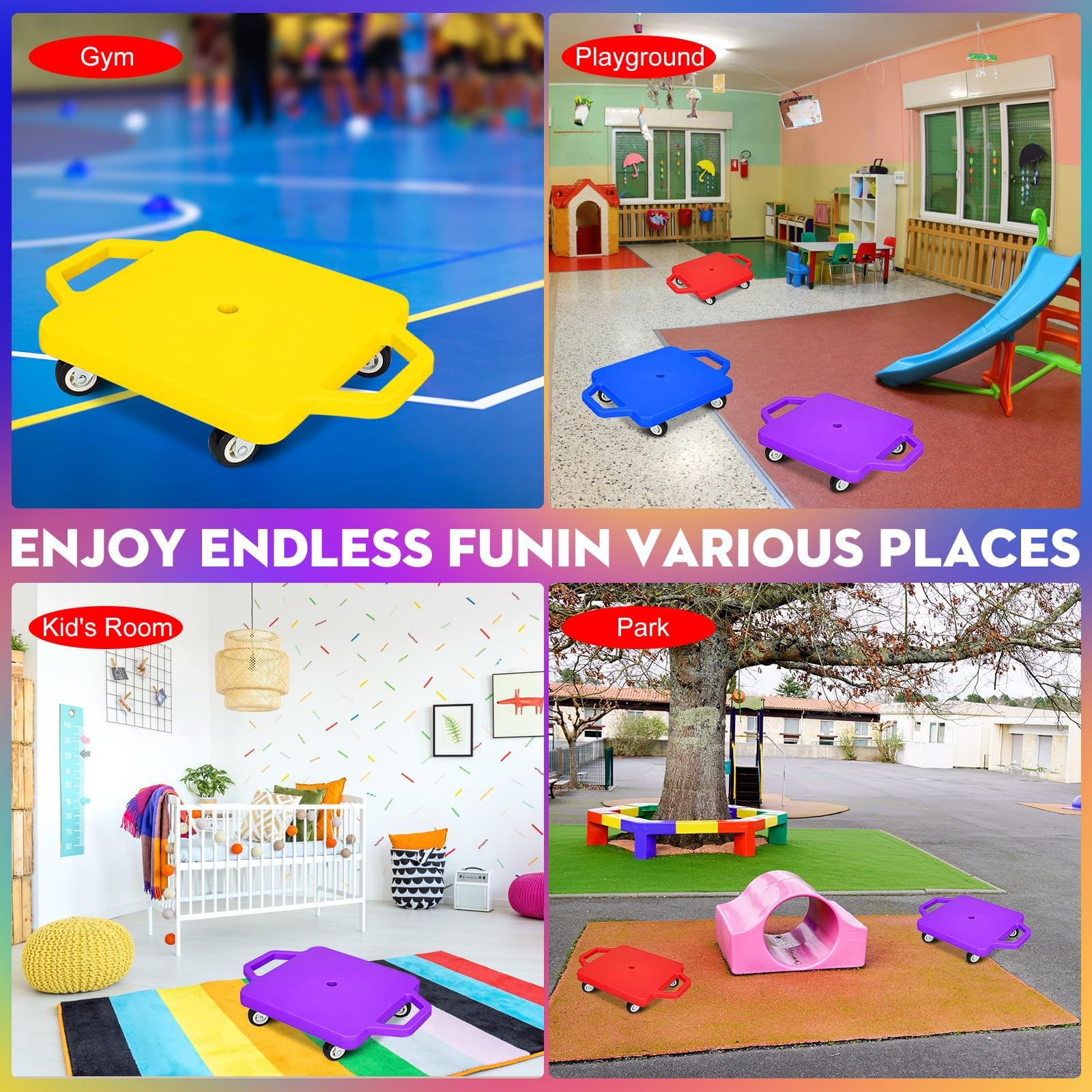 4 Pcs Sports Scooter Board with Handles Sitting Scooter Board Colored Plastic Casters Sport Floor Scooter Board Children Gym Indoor Outdoor Activities Play Equipment