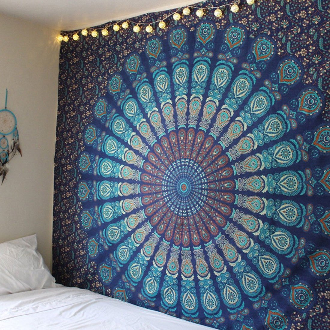 Popular Indian Hippie Tapestry Mandala Wall Hanging Blue Bohemian Decor Psychedelic Intricate Floral Flower Wall Decor Beach Throw Bedspread Tapestries for Bedroom (82.6 x 59 inch, Navy Blue Green)