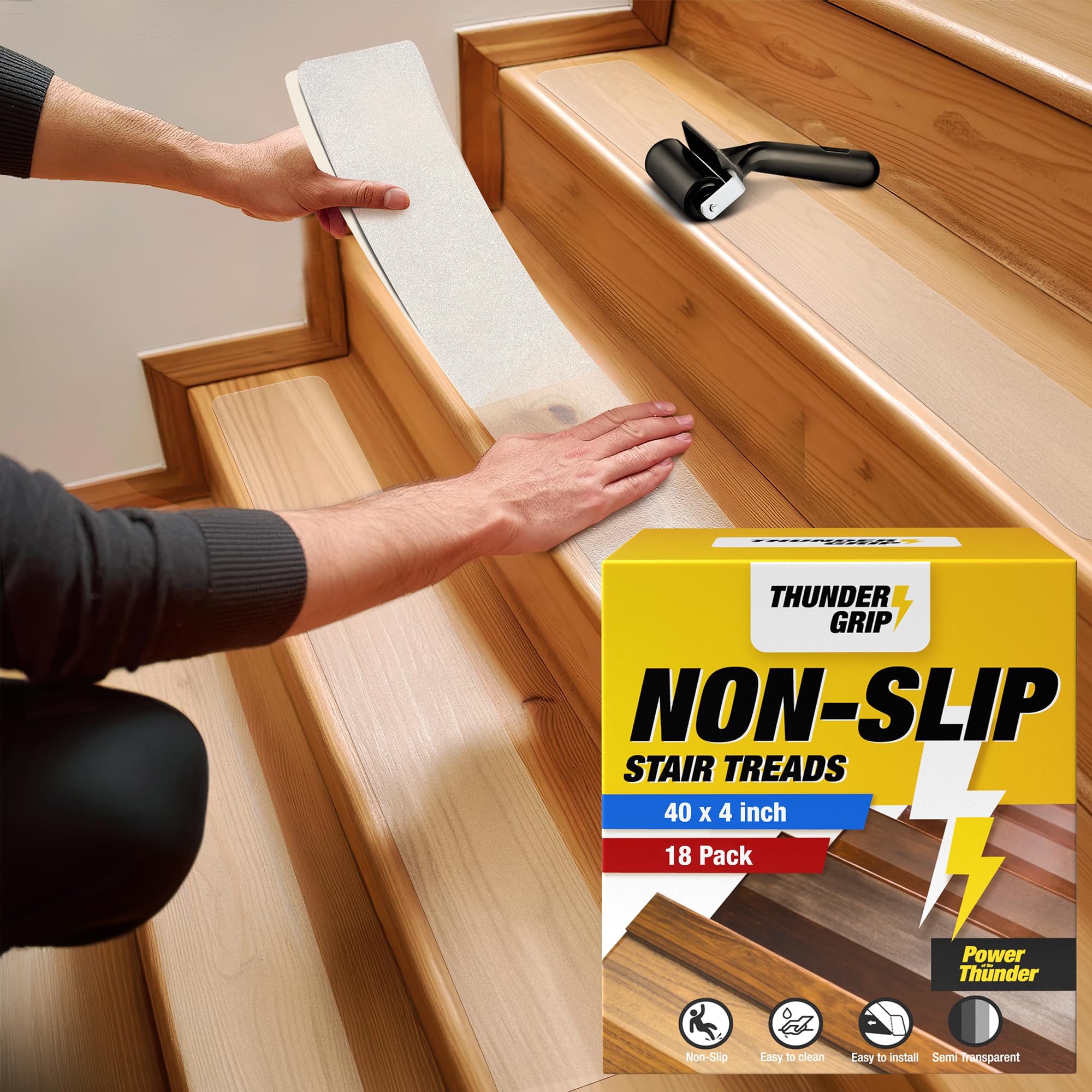 Photo 1 of THUNDER GRIP 40"x4" Clear Non-Slip Stair Treads for Wooden Steps (18-Pack) - Self Adhesive Strips - Transparent Indoor