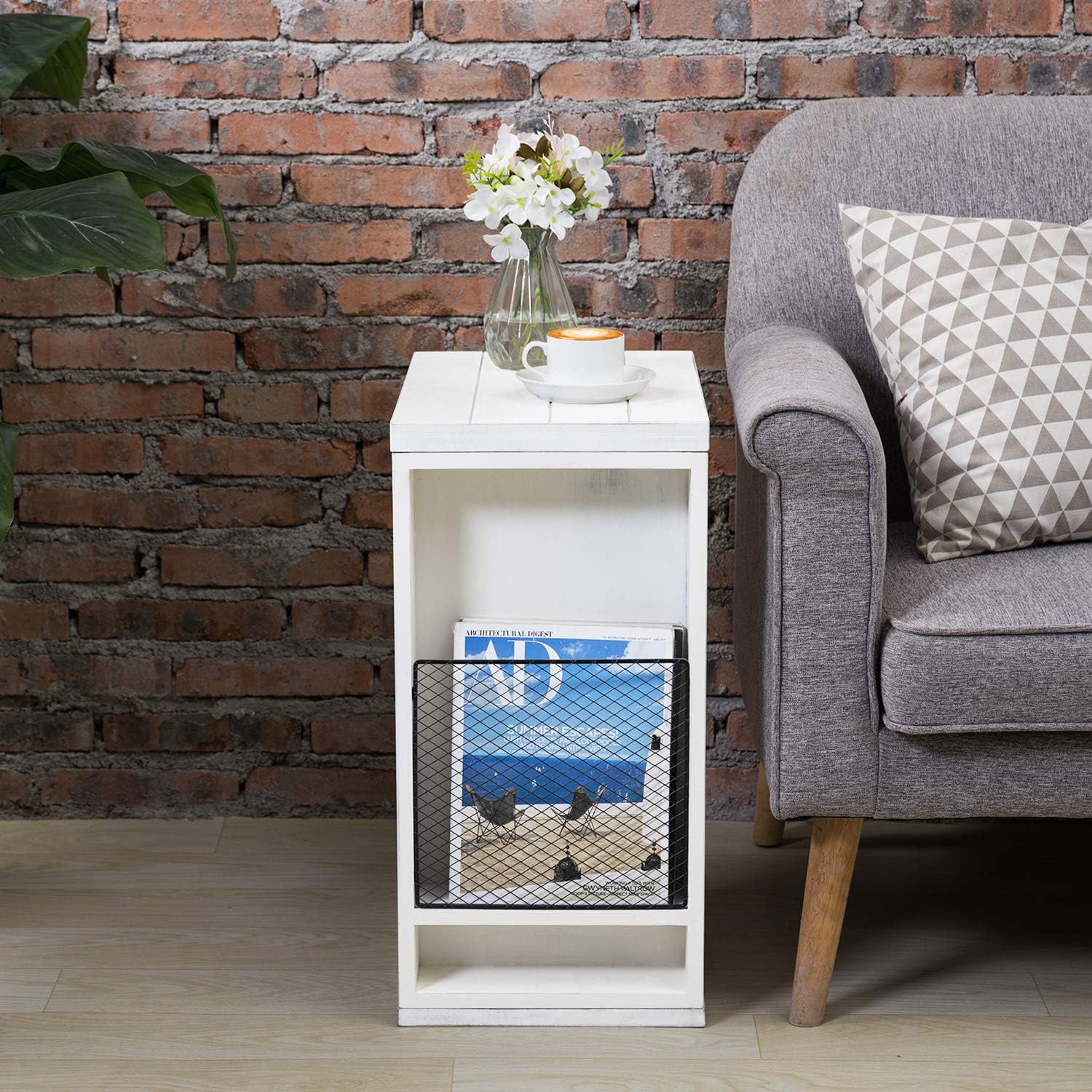 MyGift Vintage White Slatted Boards Style C-Table/Side Sofa Table with Rustic Metal Wire Magazine Holder Slot: Furniture & Decor