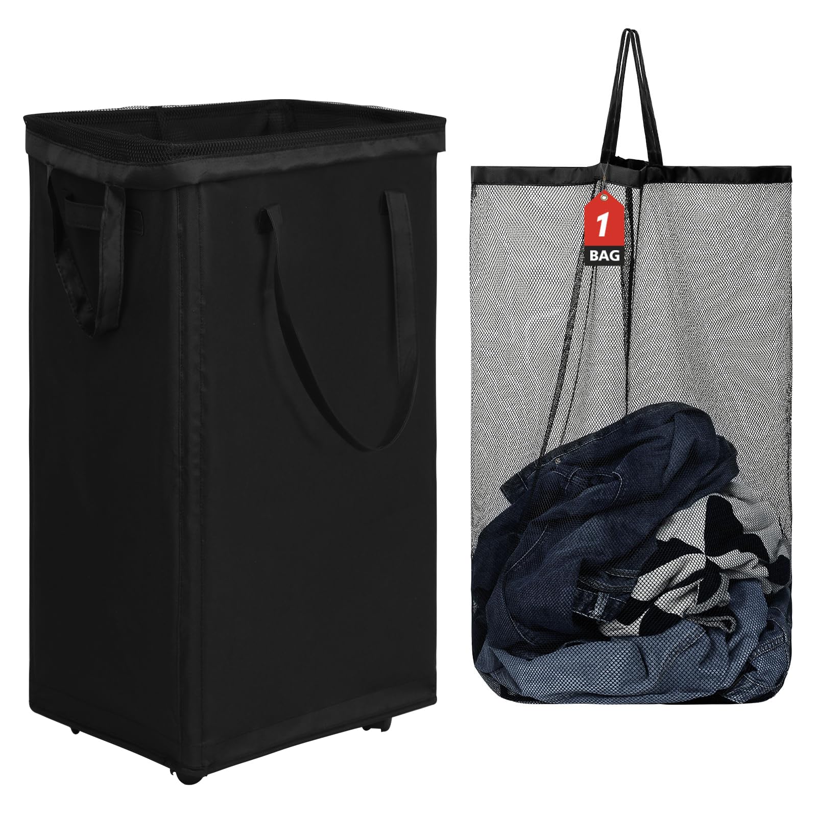 Photo 1 of DOKEHOM 90L X-Large Laundry Basket with Removable Wash Bag on Wheels, Collapsible Rolling Laundry Hamper, Foldable Clothes Organizer, Folding Washing Bin (Black)