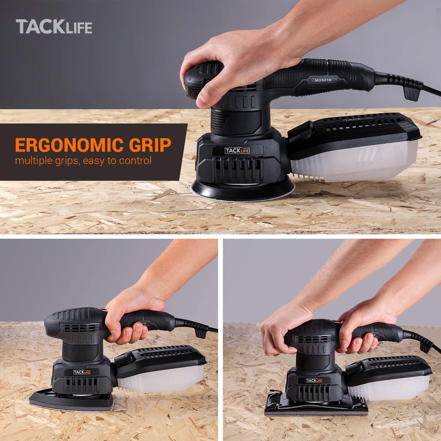 TACKLIFE 3 in 1 Electric Handheld Sander, Multifunction Sander with 15 Pcs Sandpapers 6 Variable Speeds 7000RPM-12000RPM, Efficient Dust Collection System Power Sander Machine DIY-MDS01B - - 