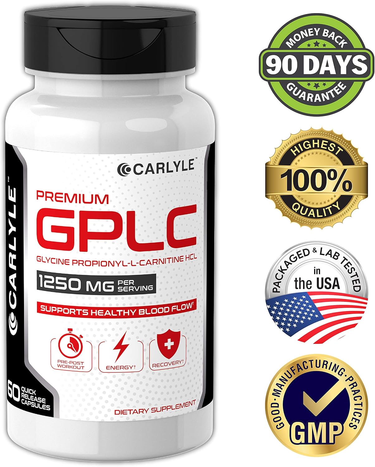GPLC 1250 mg 60 Capsules | Non-GMO, Gluten Free | Glycine Propionyl-L-Carnitine HCL | Highest Potency Supplement | by Carlyle: Health & Personal Care