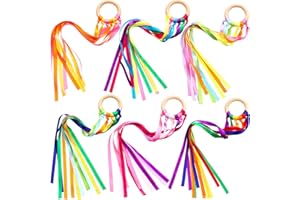 Sumind 6 Pcs Rainbow Ribbon Hand Kites Wands for Kids Dancer Streamer String Toy Thrown Waldorf Wand with Wooden Ring Wand Learning Educational(Bright Colors)