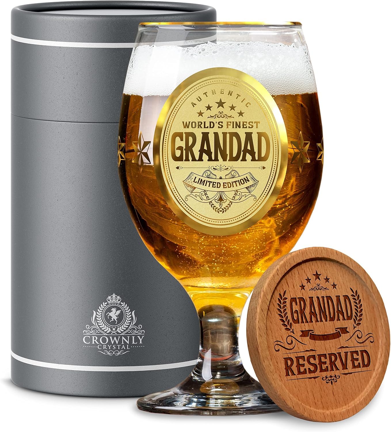 CROWNLY CRYSTAL® Gold Grandad Gifts Best Personalised Beer Glass Gifts for Men Grandad Birthday Gifts from Grandchildren Beer Glasses