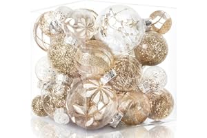 OUDDY PARTY 36PCS Christmas Ball Ornaments Large Shatterproof Clear Plastic Champagne Christmas Ornaments Hanging Christmas Tree Decorations Delicate Glitter Set for Xmas Party Home Holiday Decor in 6 Styles