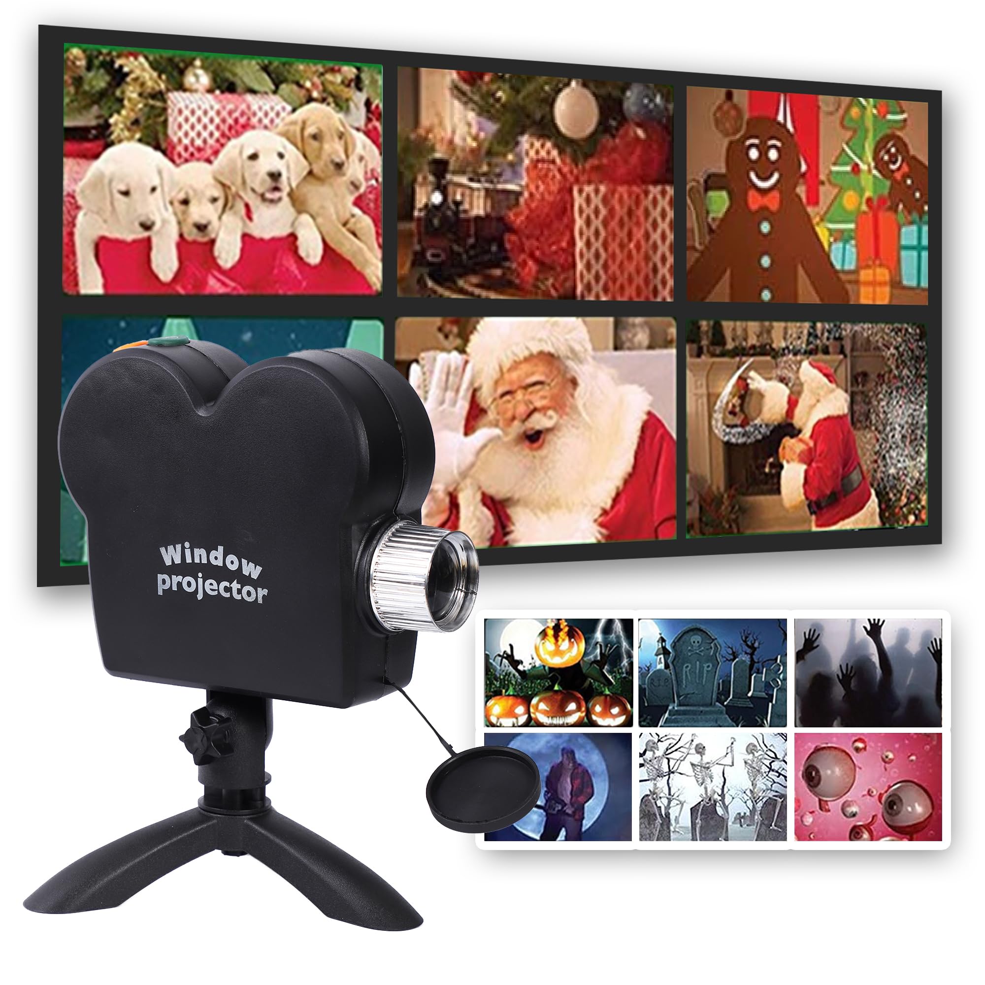 Photo 1 of Halloween Window Projector, Outdoor Christmas Projector, Halloween Led Holographic Projection Lamp, 6 Halloween Movies, 6 Christmas Movies, for Window Garden Halloween Christmas