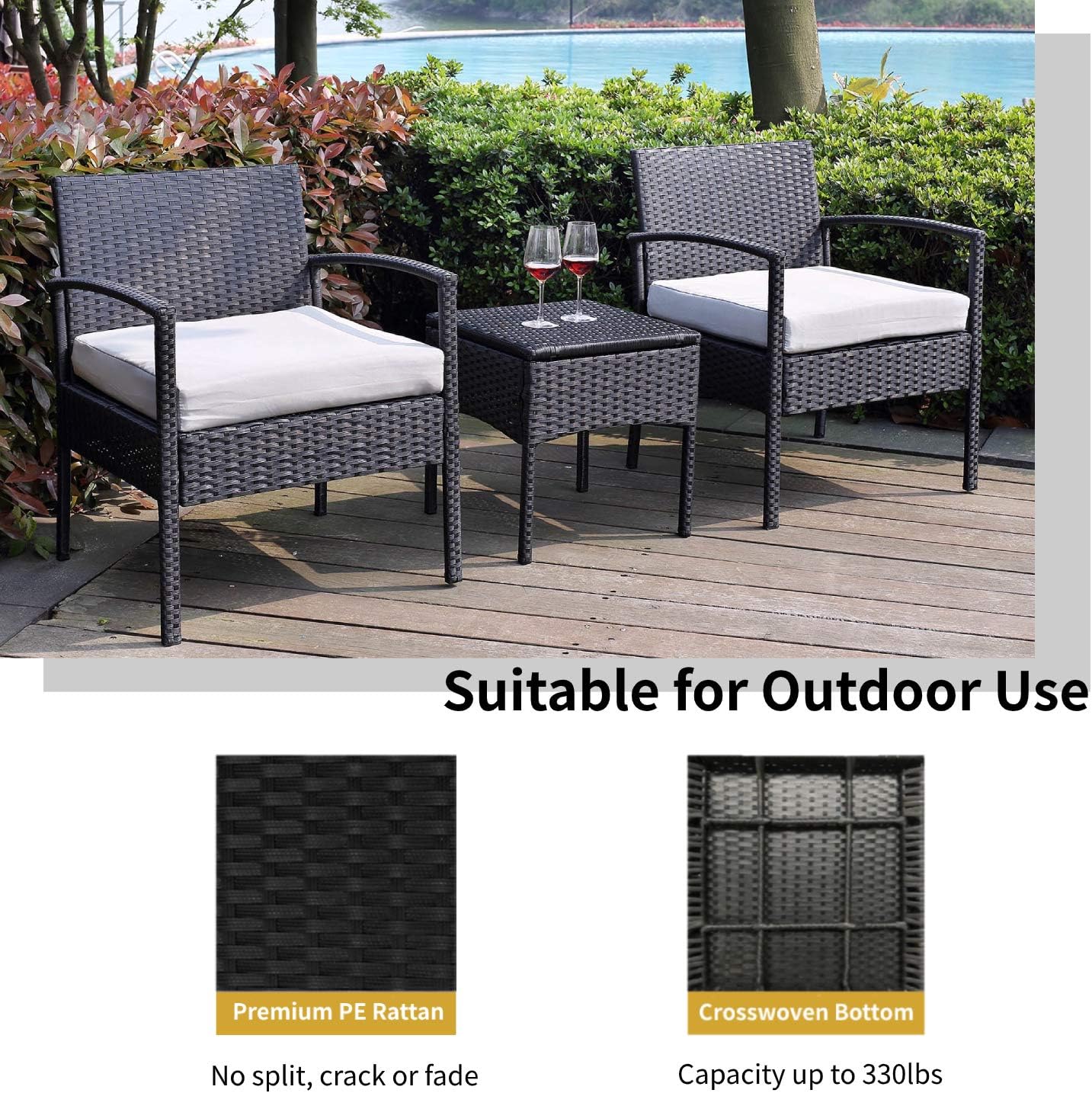Leasbar Outdoor Chairs Set Bistro Set 3 Pieces Patio Conversation Set Furniture Set for Small Balcony Rattan Chairs and Table with Cushions Grey: Garden & Outdoor