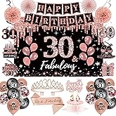 30th Birthday Decorations for Girls,51Pcs PRE-STRUNG Rose Gold Black Party Set-30 Years Old Crown and Sash,Banner Backdrop Balloons Candle Hanging Swirls Paper Fans,PRE-ASSEMBLED