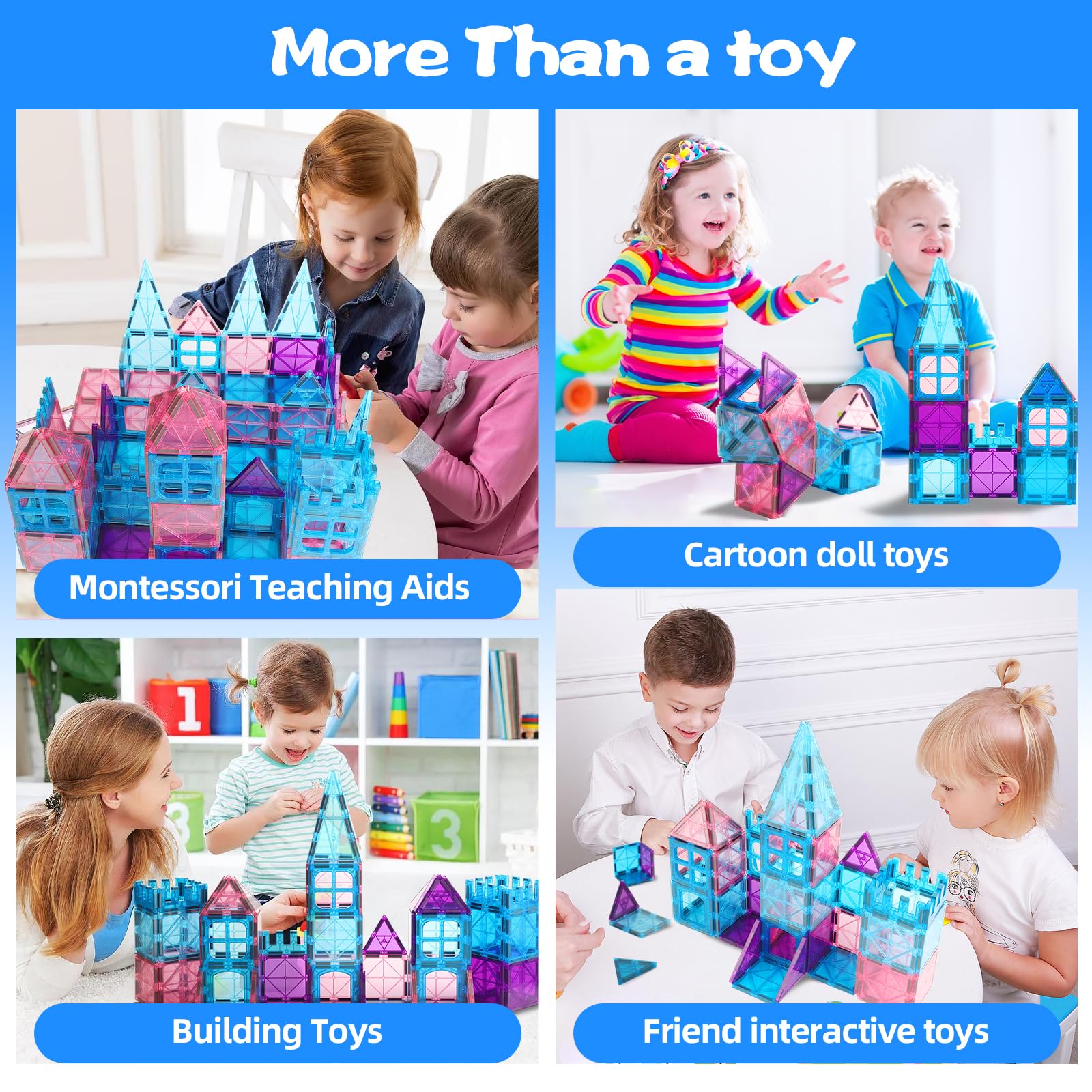Magnetic Tiles Building Blocks for 3 4 5 6 7 8+ Years Old Boys Girls Colorful Magnet Stacking Toys Birthday Gift for Toddlers STEM Preschool Educational Construction Tiles Set for Kids (Blue)