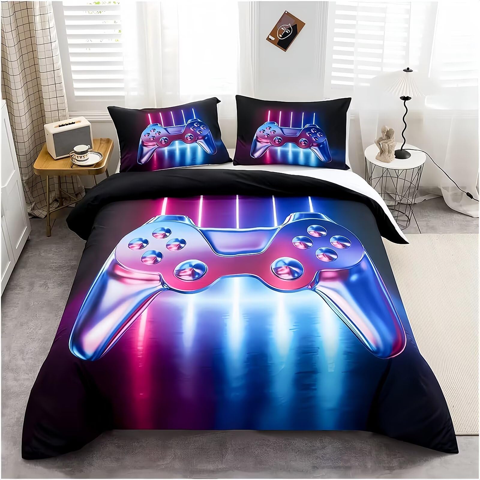 Tabeskly Boy Blue Black Gaming Bedding Duvet Cover Set Single, Kids Gamepad Gamer Soft Zipper Childrens Full Bed 3 Piece Quilt Covers and Pillowcases 135×200cm