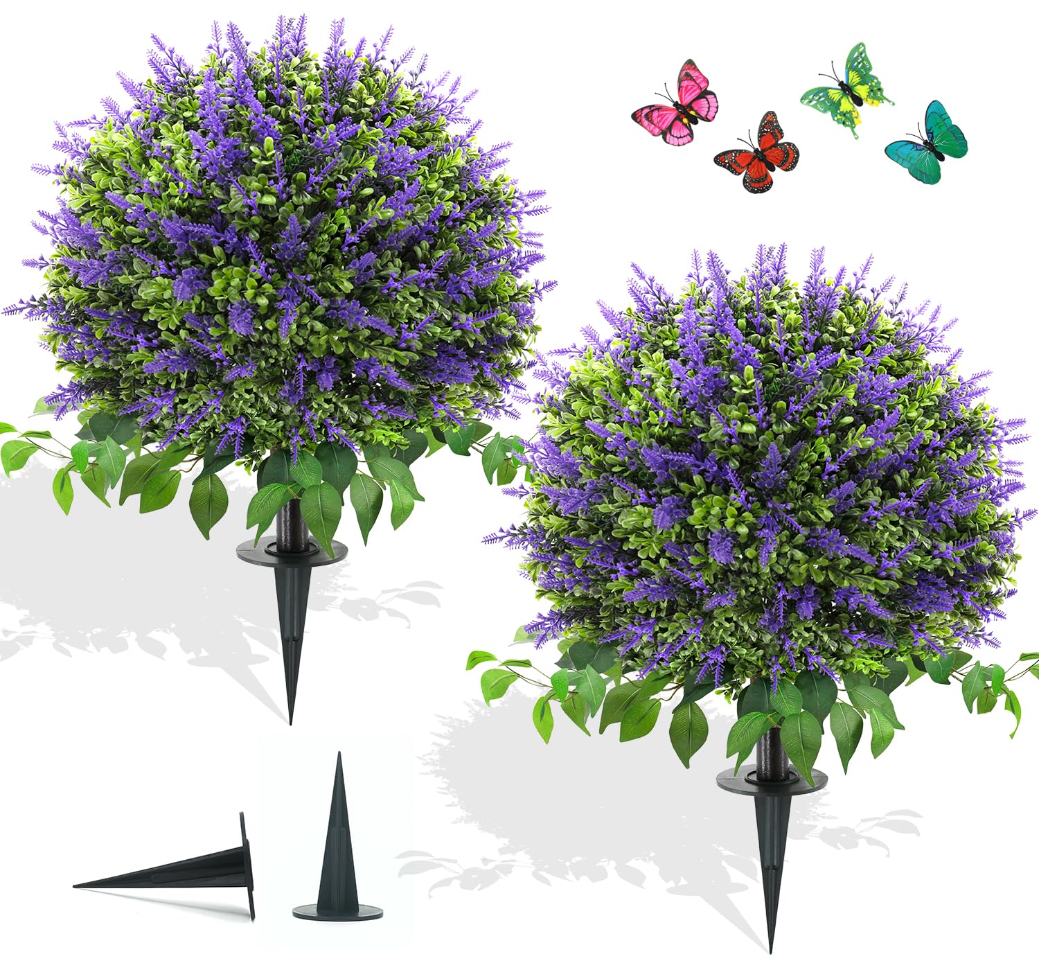 Photo 1 of 28" Artificial Boxwood Topiary Ball with Lavender, UV Resistant Topiary Tree Faux Boxwood Ball Shaped Porch Bushes with Ground Spike Artificial Bushes for Outdoors Front Door Decor Home Garden