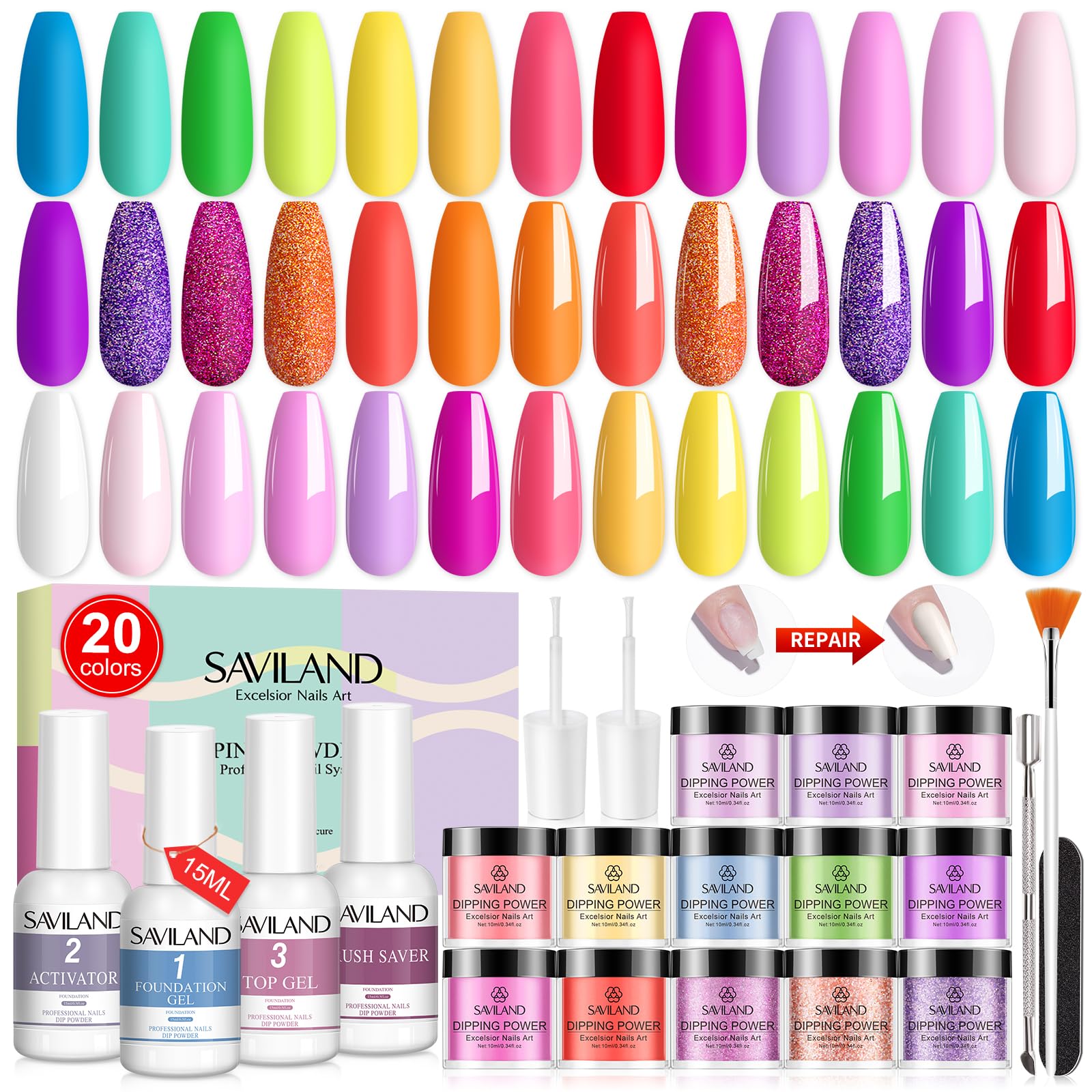 Saviland 29Pcs Dip Powder Manicure Starter Kit with 20 Colors, Dipping Liquid, Long-lasting Formula for DIY French Art, Gift Set for Women and Girls