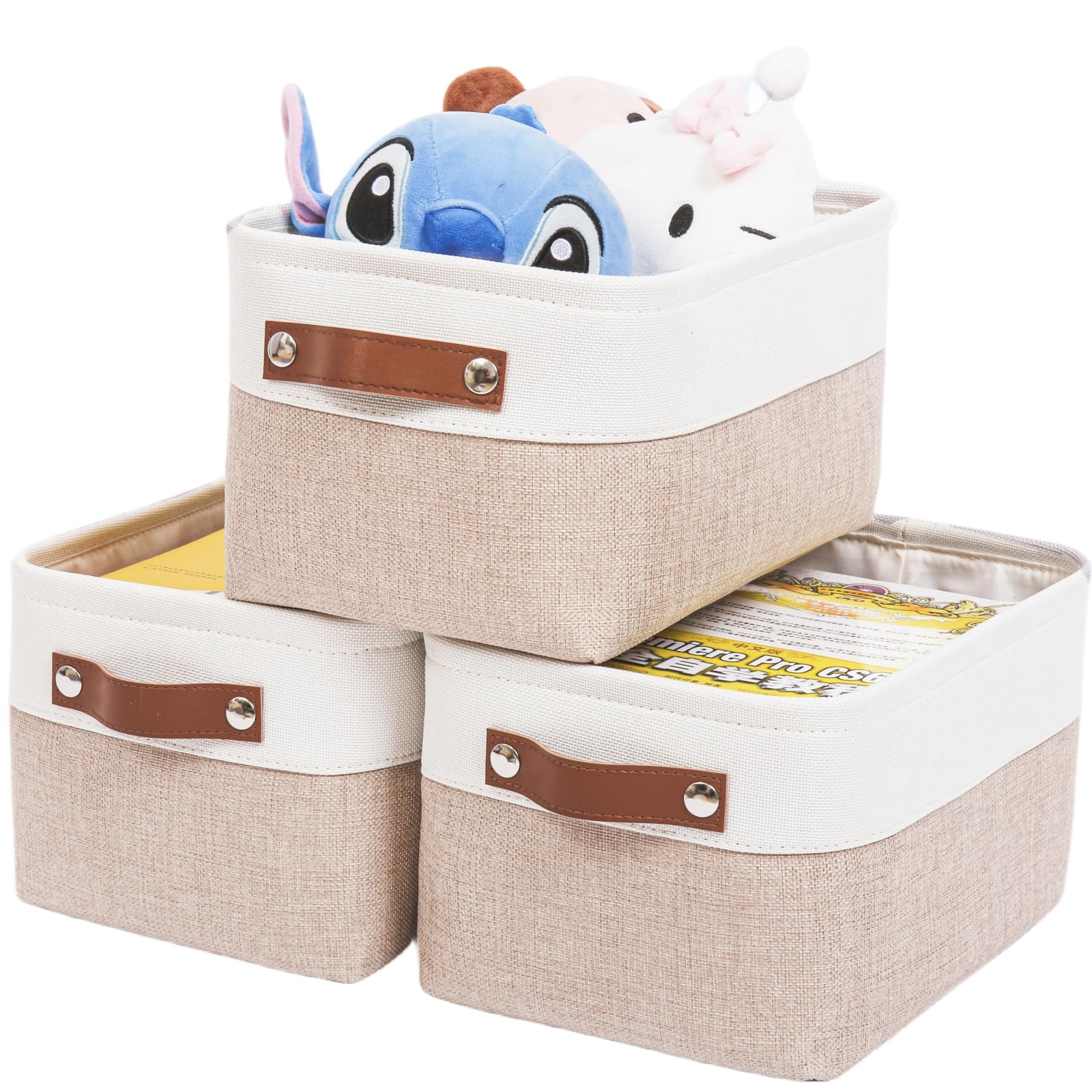 Mangata Set of 3 Fabric Storage Boxes,Storage Basket with Handles for underwear, sock, towel (Medium, Light Khaki/White)