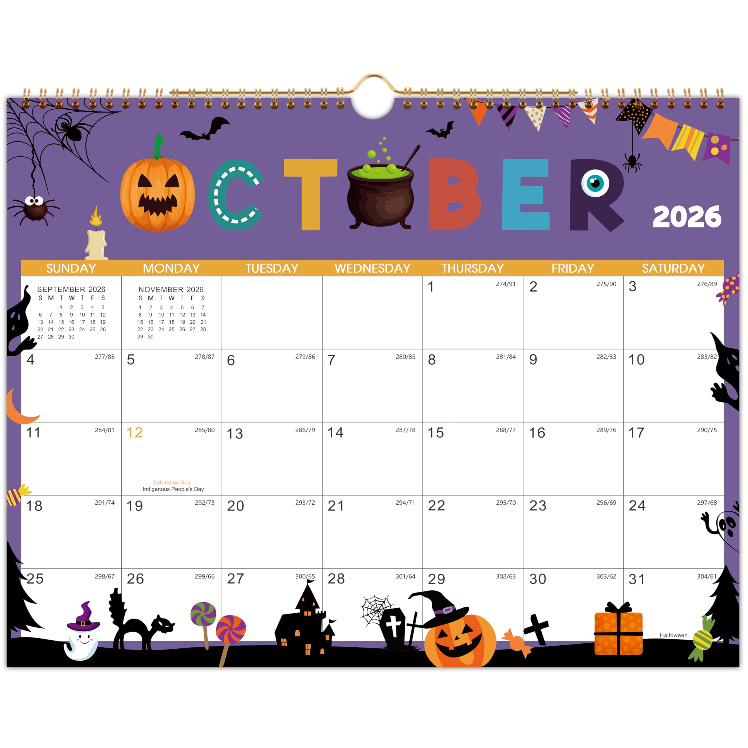 Photo 1 of 2026 Wall Calendar - Wall Calendar 2026, JAN. 2026 - DEC. 2026, 14.6" x 11.5", Calendar 2026 with Julian Dates, Twin-Wire Binding, Hanging Hook, Thick Paper Includes Major Holidays, Seasonal Designs, Halloween Decorations