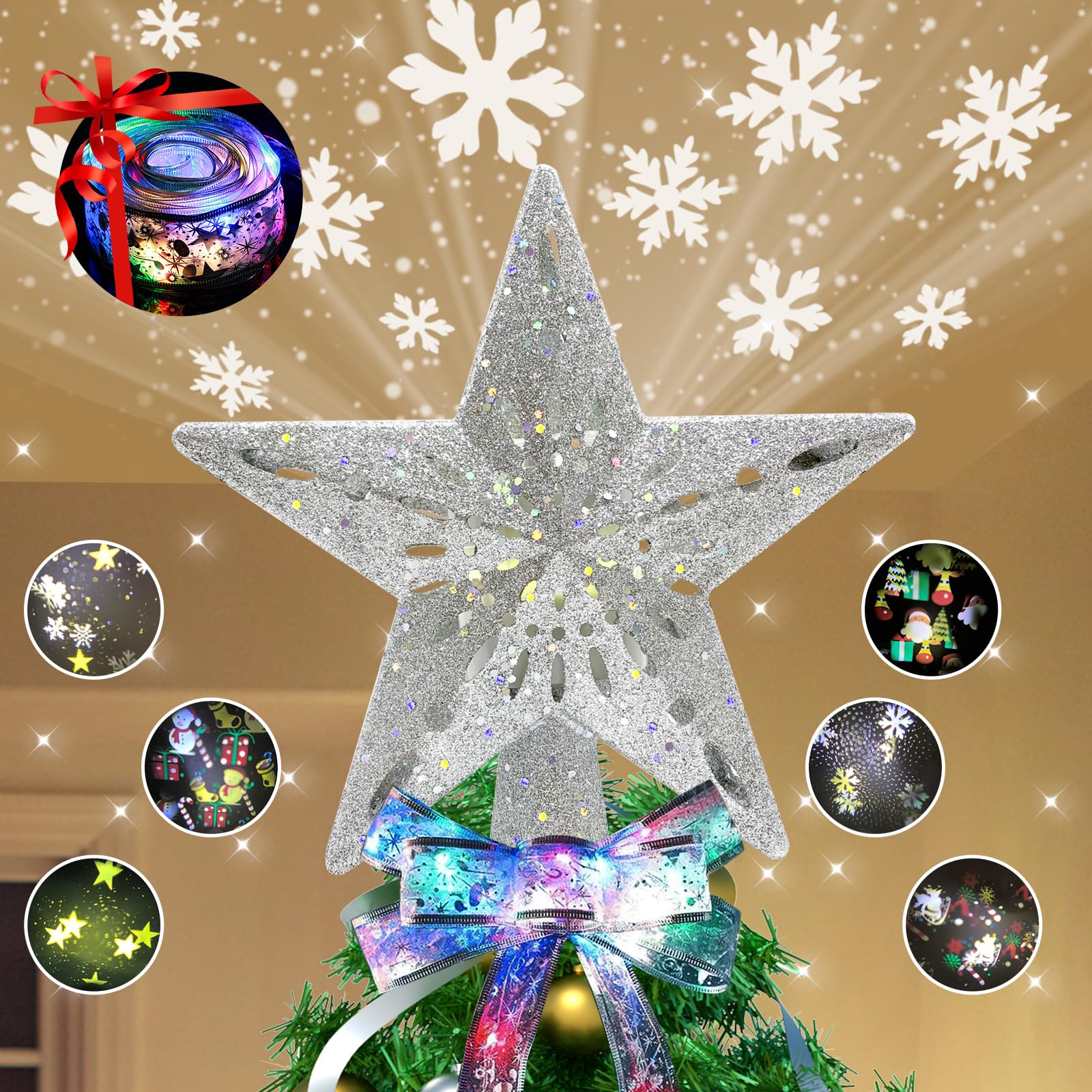 Photo 1 of Christmas Tree Topper Star Lighted with 6 Projection Modes, Comes with LED Christmas Ribbon Lights, Built-in Rotating LED Dynamic Projector, 3D Glitter Hollow Star Tree Topper Starry Night Light