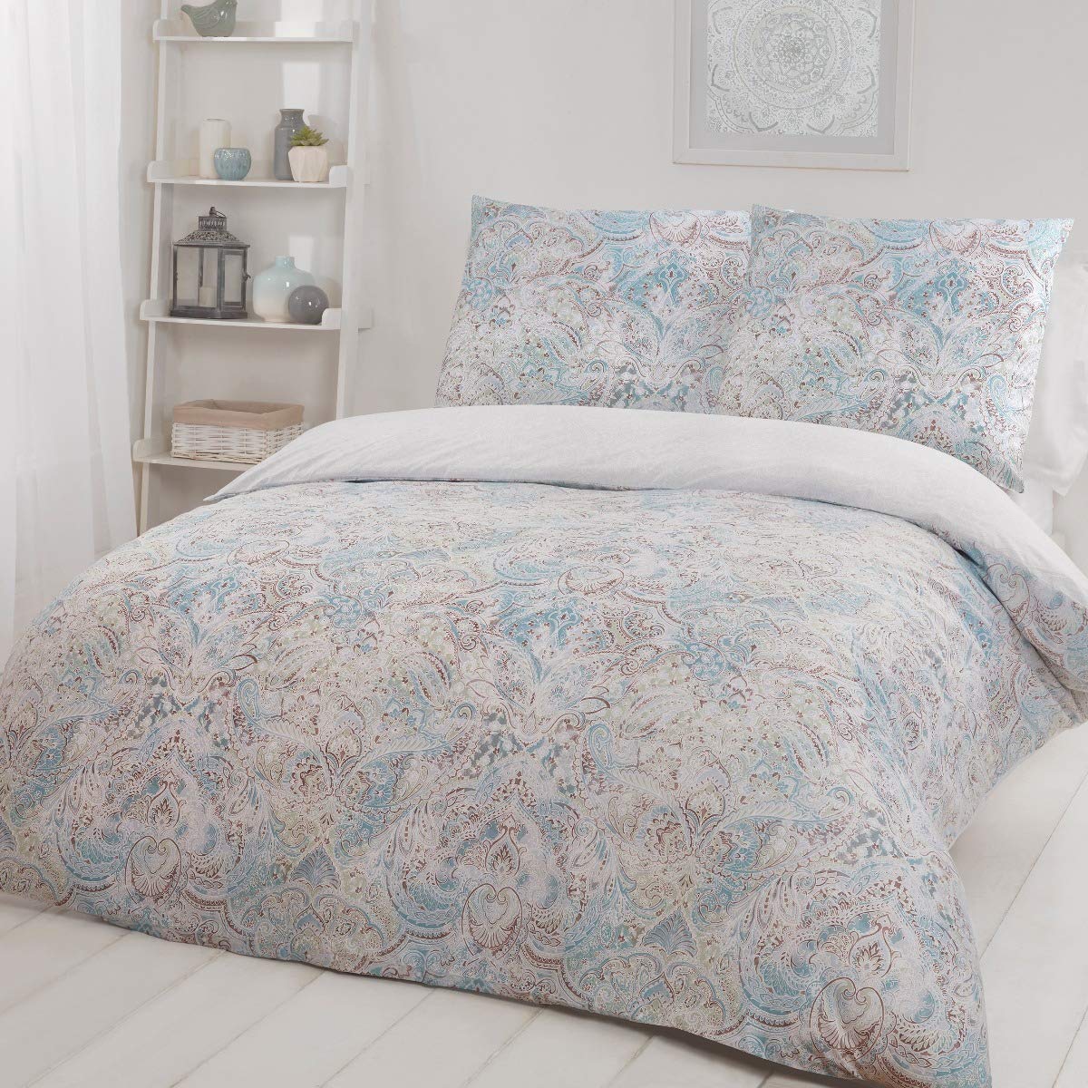 Sleepdown Paisley Teal Ultra Soft Easy Care Hypoallergenic Subtle Print Reversible Duvet Cover Quilt Bedding Set-135cm x 200cm + 1 Pillowcase 80cm x 80cm, Microfiber, 135 x 200cm + 1 x 80 x 80cm