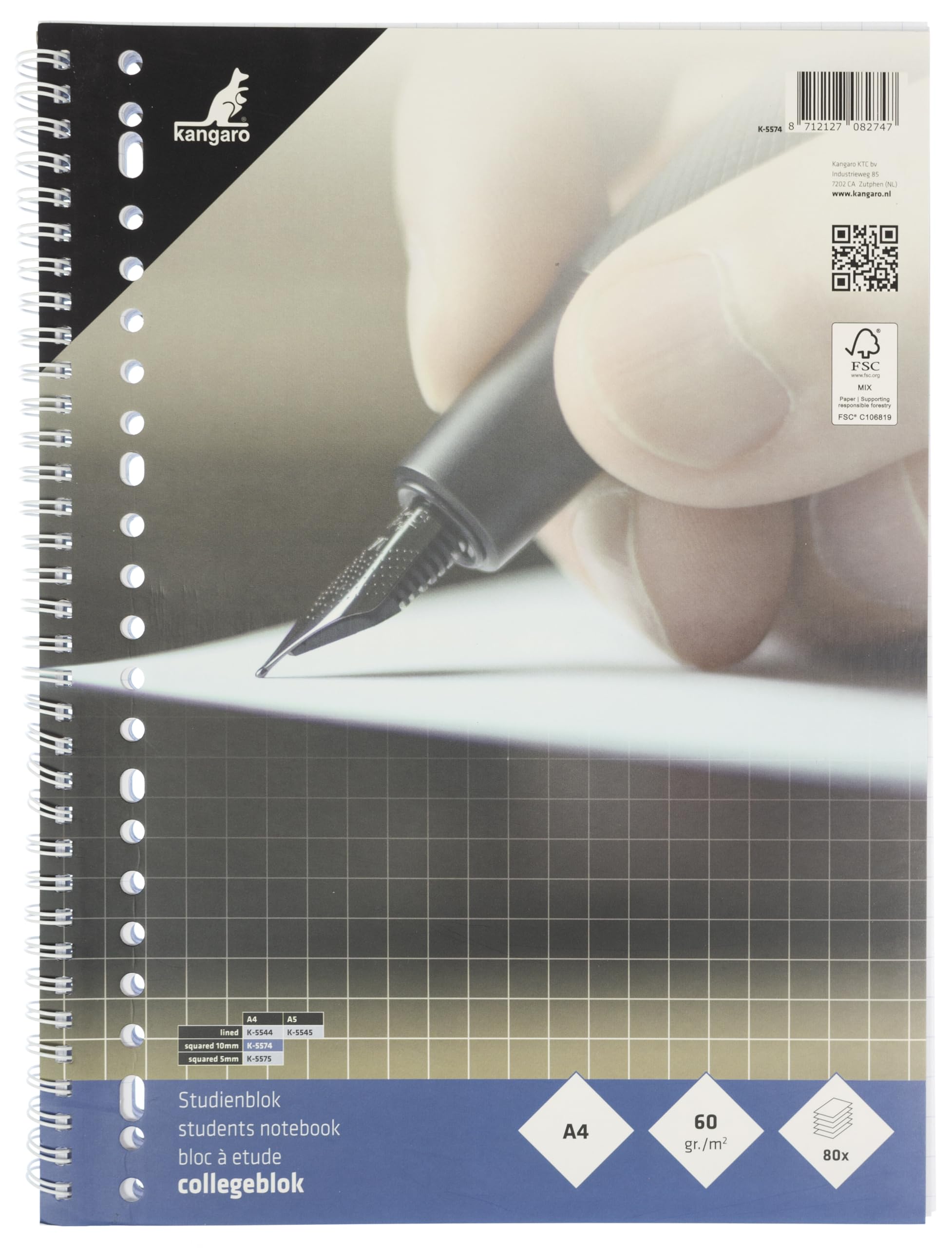 Kangaro K-5574 College Notepad A4 Squared 10 mm 23r 60g 80 Sheets 29.7 x 22 x 0.8