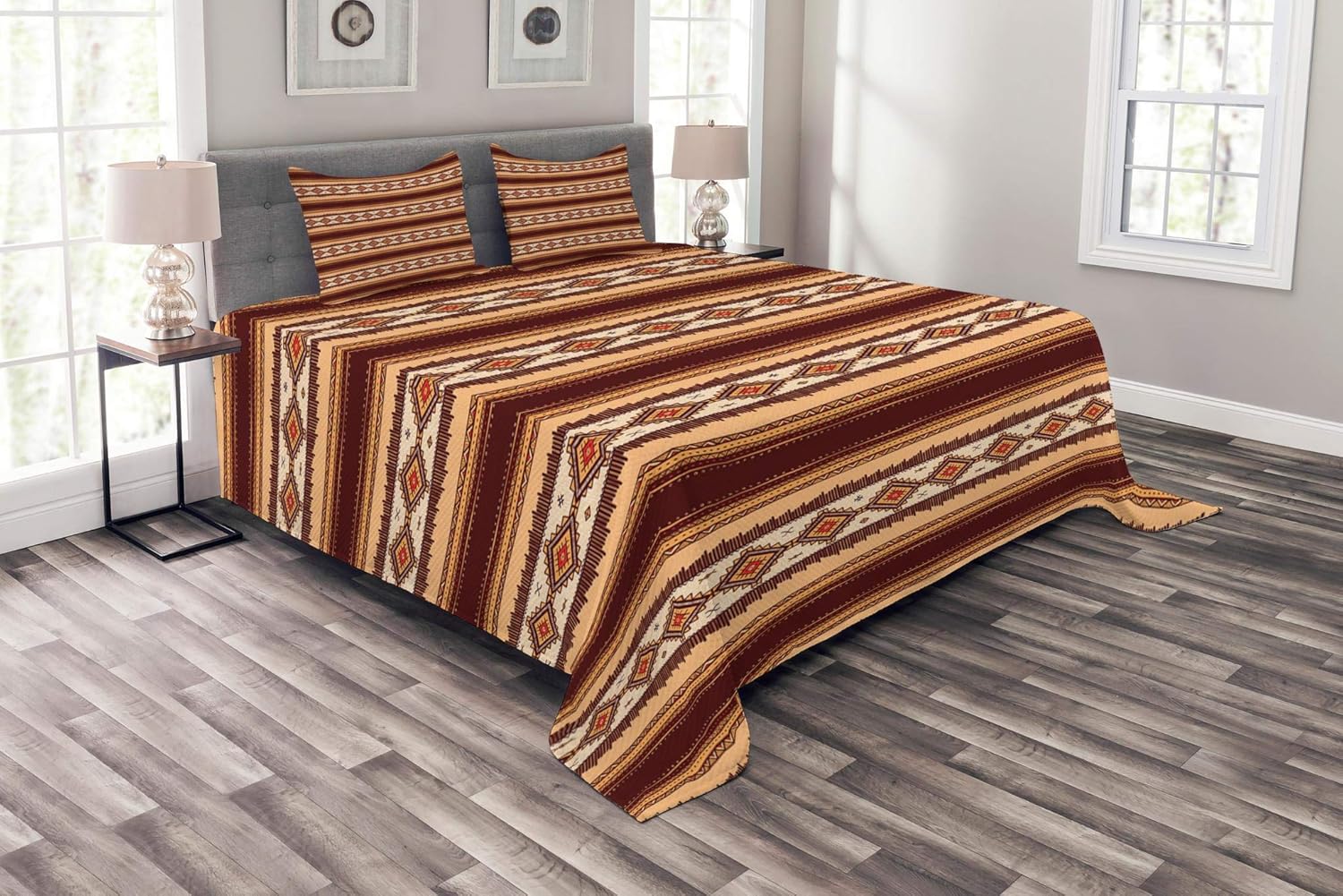 Ambesonne Native Bedspread, Native Indigenous Pattern Prehistoric Country Theme, Decorative Quilted 3 Piece Coverlet Set with 2 Pillow Shams, Queen Size, Maroon Beige