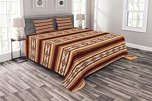 Ambesonne Native Bedspread, Native Indigenous Pattern Prehistoric Country Theme, Decorative Quilted 3 Piece Coverlet Set with 2 Pillow Shams, Queen Size, Maroon Beige