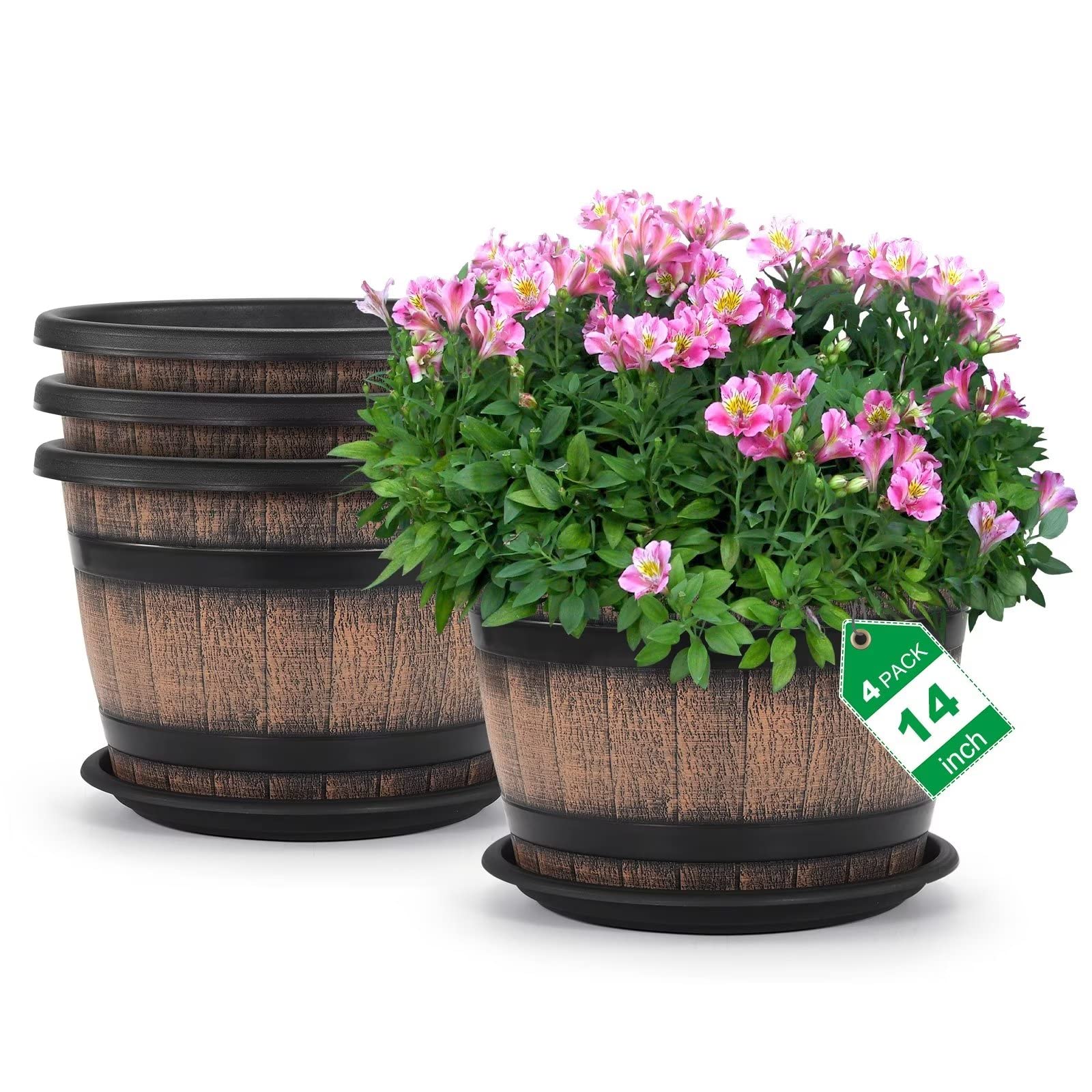 Quarut Large Plastic 4 Pack14 inch Plant Pots,Whiskey Barrel 14 inches,  Brown | eBay