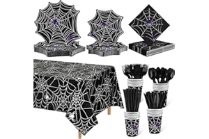 durony 201 Pieces Halloween Spider Web Party Supplies Tableware Set Including Halloween Spiderweb Disposable Paper Plates Cups Napkins Knives Forks Spoons Straws Tablecloth Serves for 25