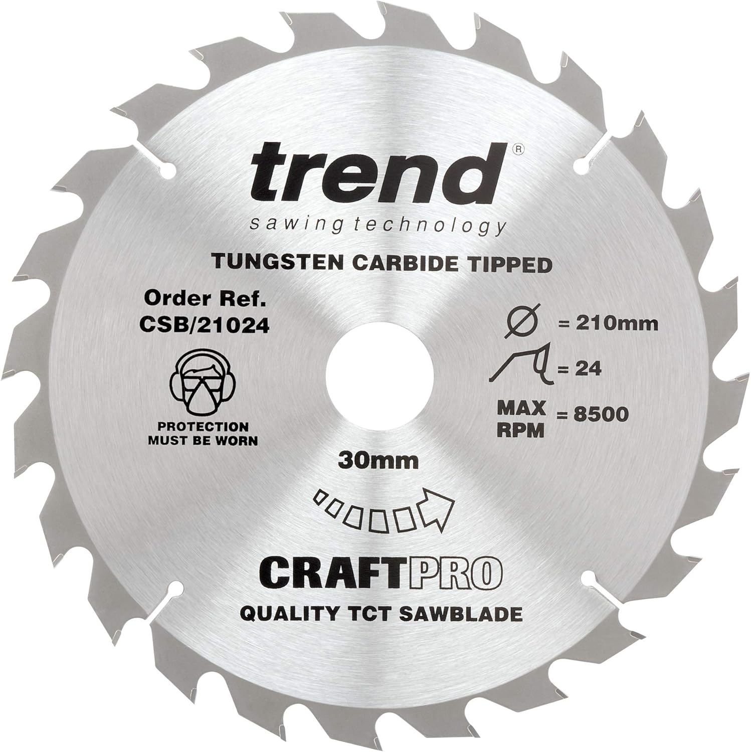 Trend Wood Circular Saw Blade, 210mm Diameter, 30mm Bore, 24 Teeth, 2.4mm Kerf, +20° Hook, TCT, Coarse Finish, CSB/21024