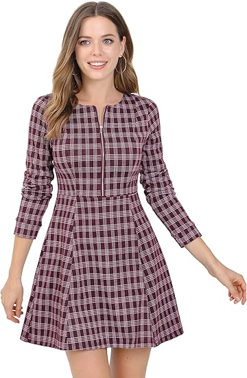 Amazon Co Jp Allegra K チェック ワンピース フレア チェック柄 ミニドレス 長袖 Aライン ジッパー レディース 服 ファッション小物
