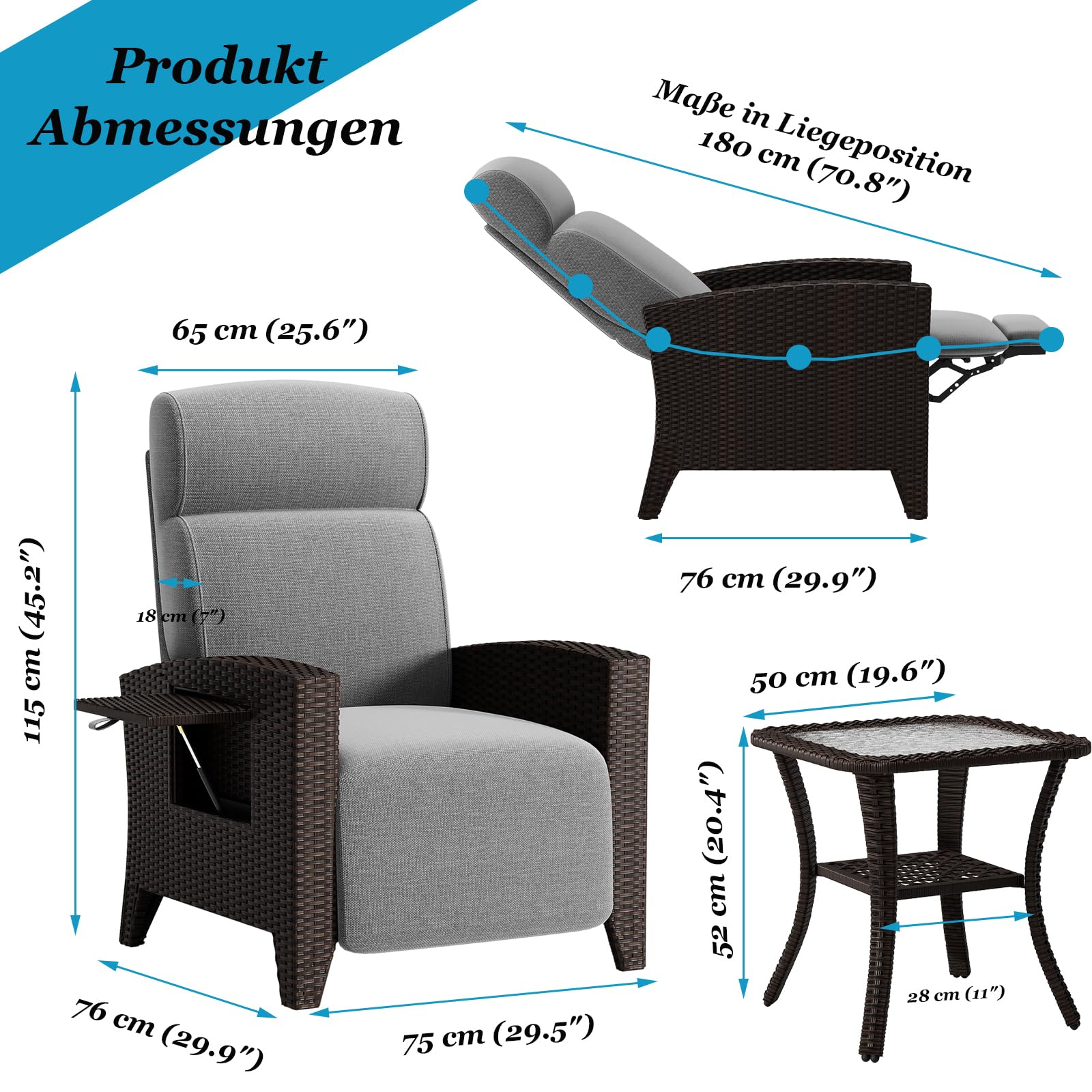 Outdoor Relaxsessel mit Klappbarem Seitentisch, 150° Verstellbarer Polyrattan Liegesessel mit Fußstütze & Kissen, Gartenliege für Innen & Außen,Terrassenstuhl für Balkon Garten Poolbereich (1Stuhl+1T) 3