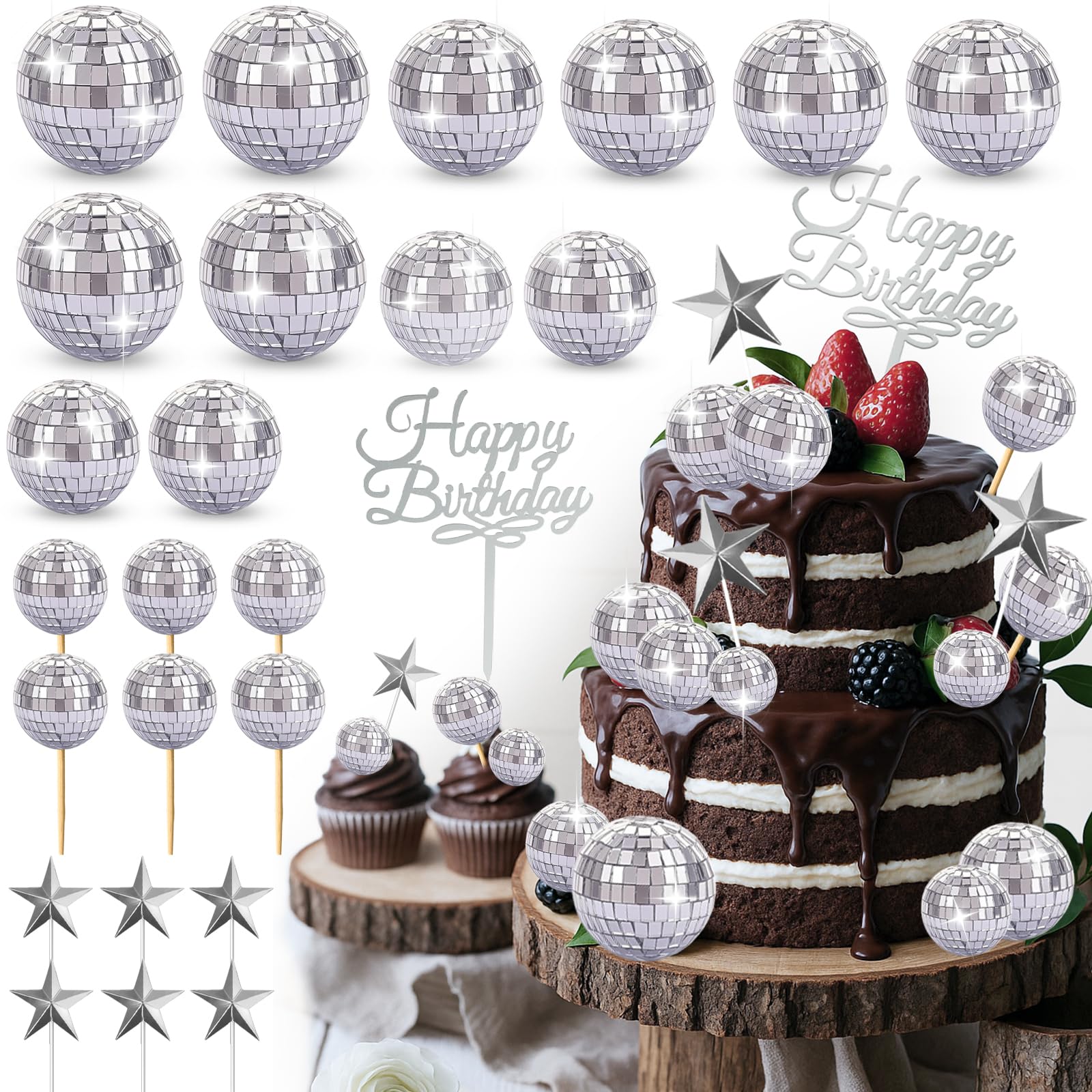 33PCS Disco Ball Cake Toppers Happy Birthday Cupcake Topper Set 1970s Disco Ball Cake Picks & Disco Theme Cake Decorations Fun 70s Disco Party Favors for Birthday Wedding & Retro Dance Party