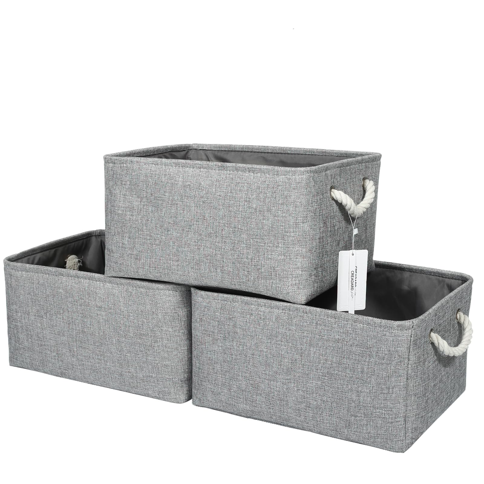 CREADARD Small Storage Box with Cotton Handles, Fabric Foldable Linen Canvas Wardrobe Storage Baskets for Living Room, Laundry Room, Kids Room and Bedroom (Grey 3pcs)