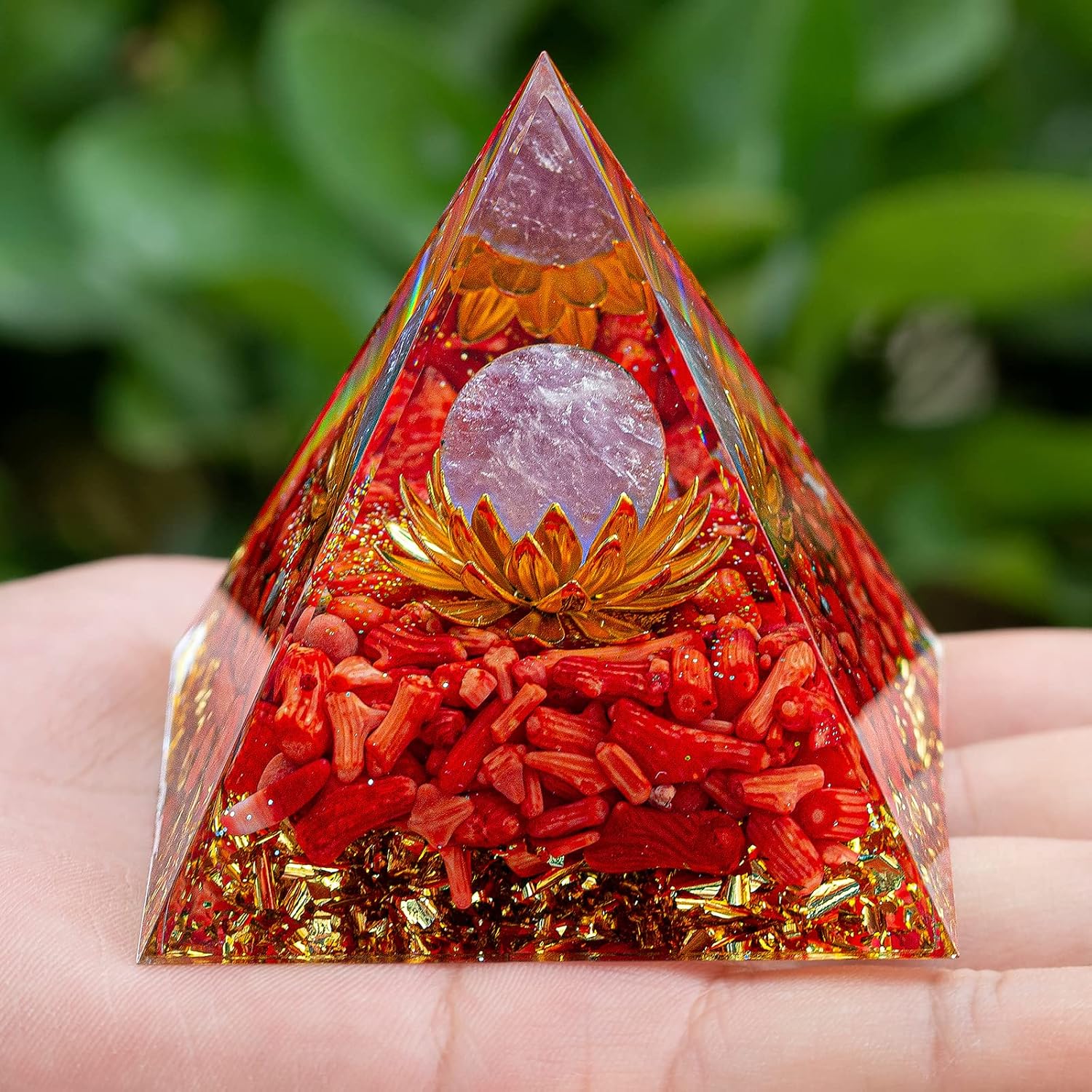Mixed Media - CRISTALLIUM Orgone Pyramid Healing Stone Energy Generator Healing Crystals Chakra Crystal Healing Meditation Crystal Sphere Orgonite Crystal Pyramid Women Gift - Amethyst Crystal Spere Red Coral