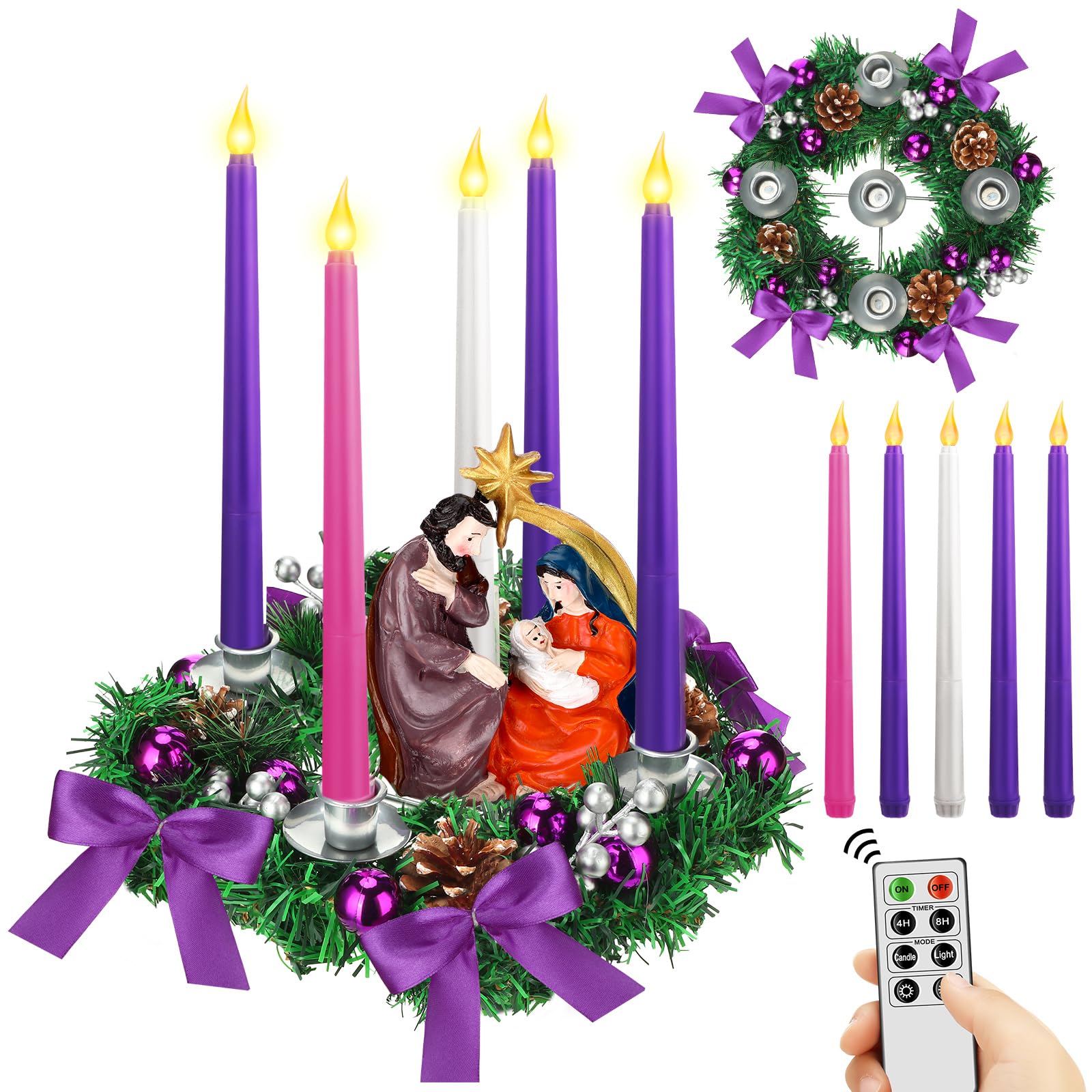 Photo 1 of Tioncy 12 Inch Christmas Advent Wreath Candle Holder with 5 Flameless Candles Remote Control Wreaths Holder Centerpiece Decoration with Berries(Nativity Scene,11 x 0.8 x 0.8 in)
