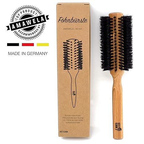 KOST KAMM Rundbürste | Ø 50 mm | Fönbürste gedreht mit Naturborsten | Naturhaarbürste rund für kurzes und mittellanges Haar |