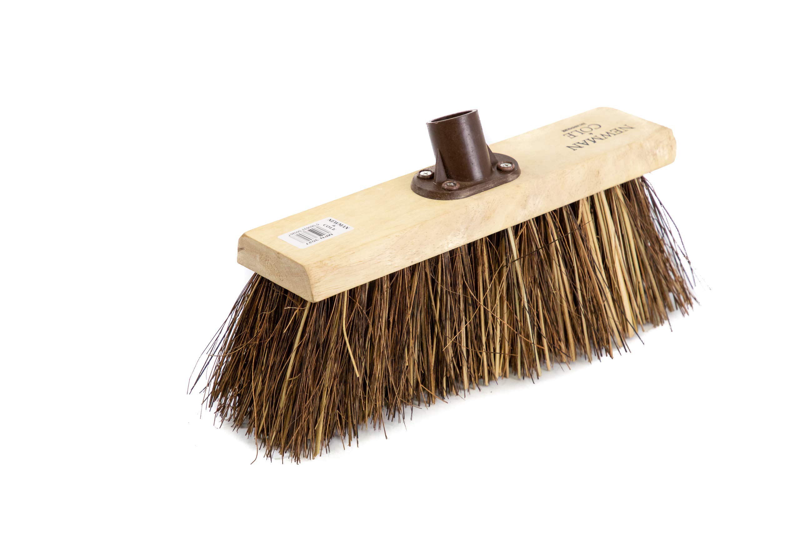 Newman and Cole 13" Wooden Broom Head with Stiff Bassine and Cane Mix Natural Hard Bristle - Replacement Wooden Broom Head Outdoor Garden Yard Brush Sweeping Brush Fitted Fixing Bracket Connector