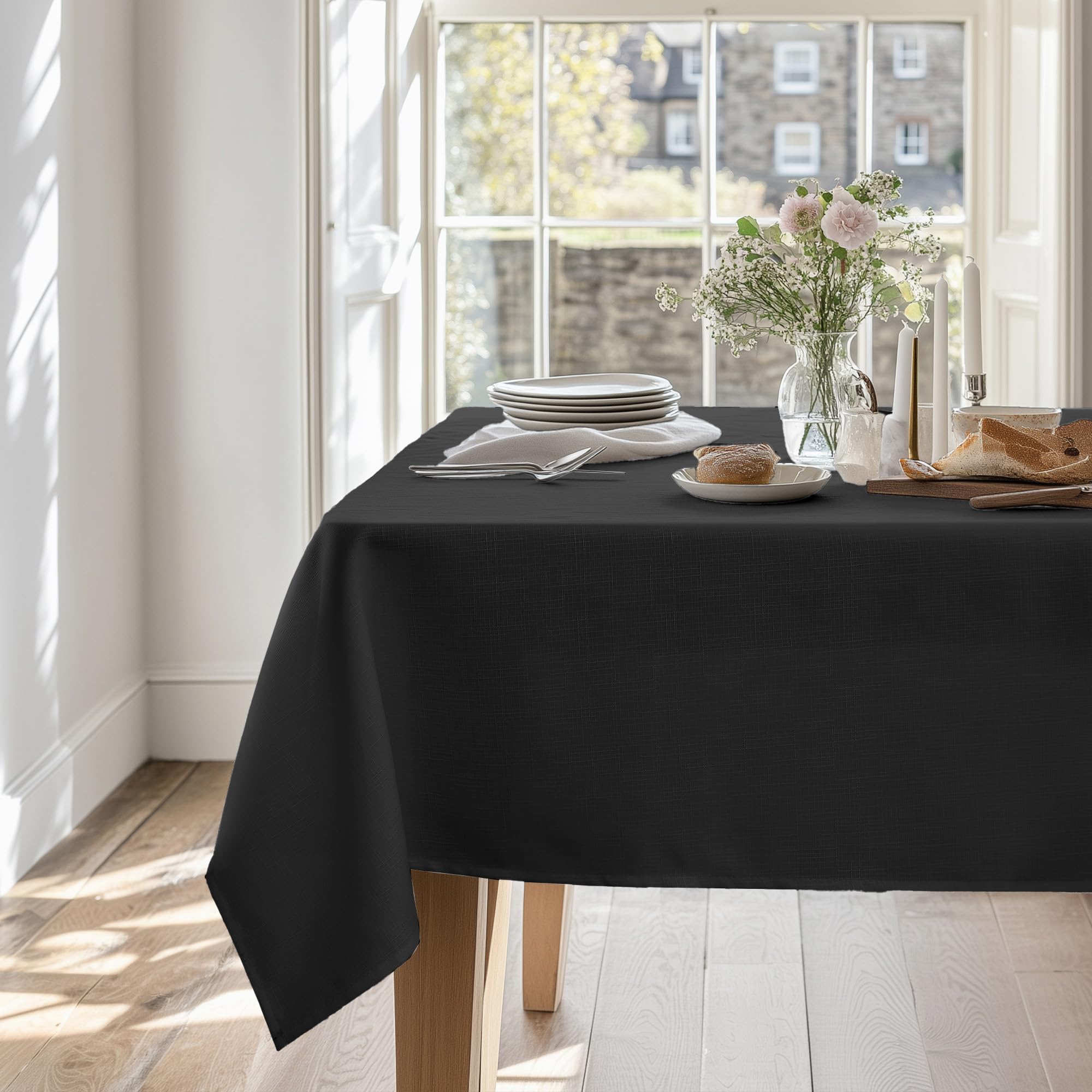 Deconovo Outdoor Table Cloth Faux Linen Tablecloth Rectangle Tablecloths for Parties Black 130x160cm(51x63in)