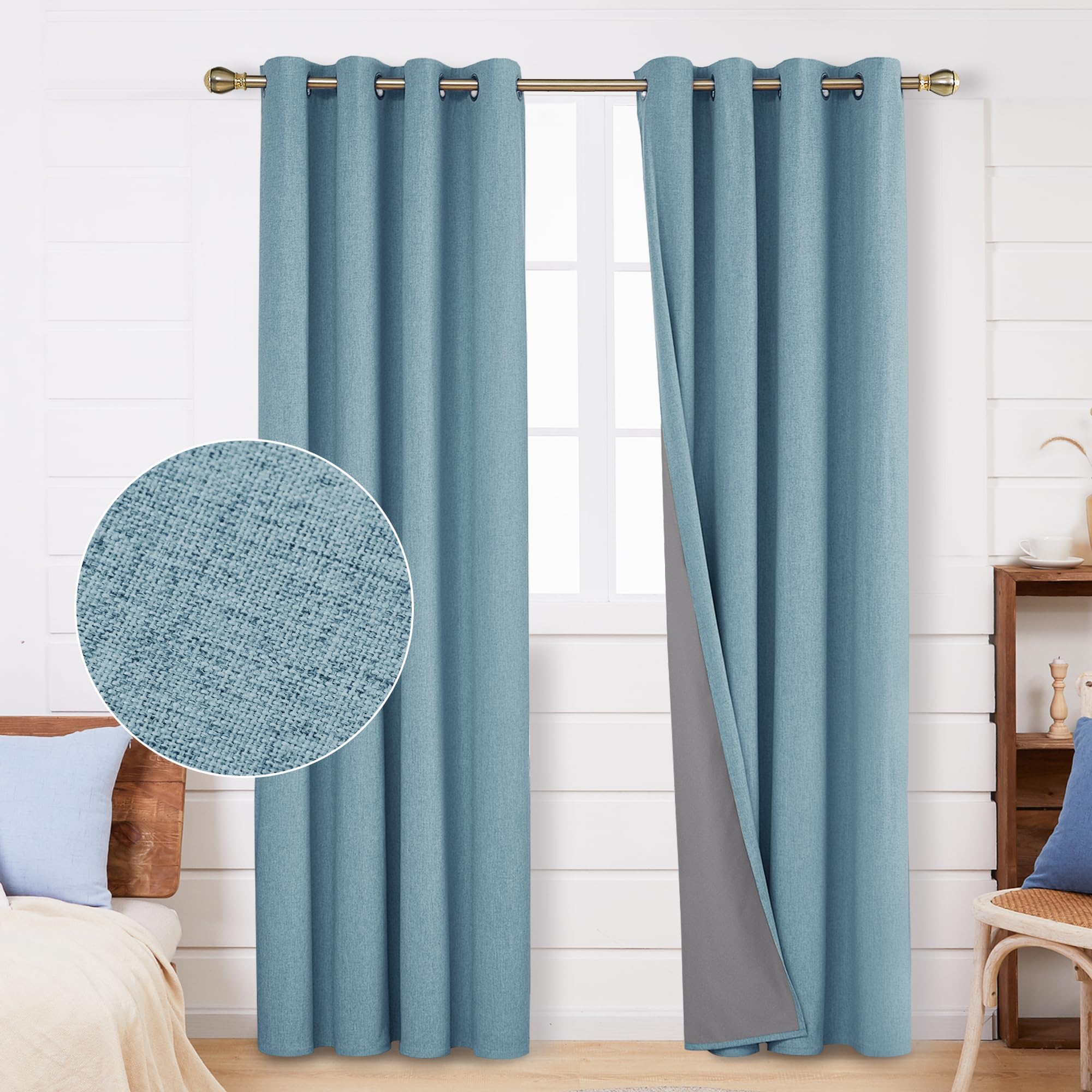 Deconovo Linen Look Window Treatment Thermal Insulated Top Ring Bedroom Blackout Curtains with Coating Back Layer for Girls 52 x 90 Inch Blue Grey Set of 2