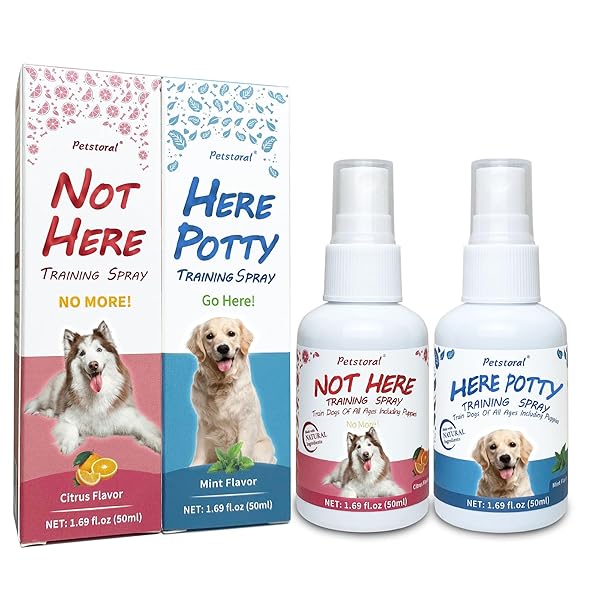 PETSTORAL DOG NOT HERE & HERE POTTY TRAINING SPRAY KIT, PUPPY ESSENTIALS. PEE HERE CORRECTOR SPRAY, PREVENT YOUR PET FROM SOILING THE CARPET. CITRUS AND MINT, 1.69 FL OZ EACHAL