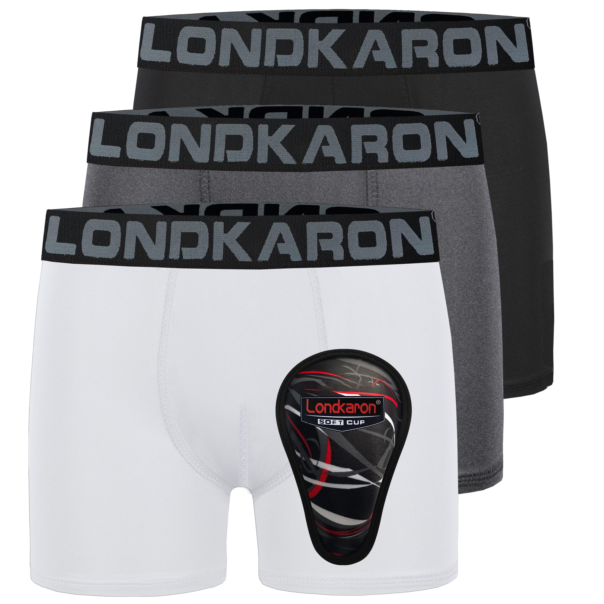 Photo 1 of Londkaron 3-Pack Youth Boys Stretch Boxer Briefs w/Soft Protective Cup, Elite Boxer Jock for Baseball & Football (Small, White/Black/Dark Grey)