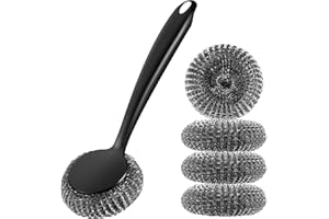 Foensc 5 Pack Steel Wool Scrubber, Improved Stainless Steel Scrubber, Metal Scrubber with Long Handle, Steel Scrubber for Dishes, Cast Iron, Pots, Pans, Grills and Sinks, Black