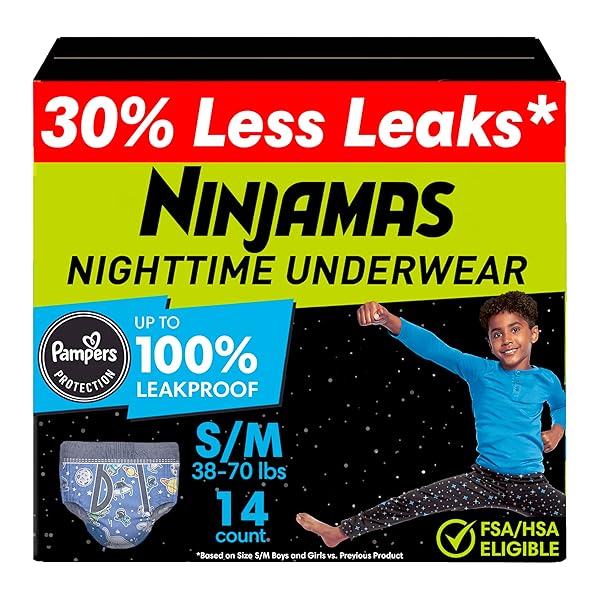 NINJAMAS BOYS BEDWETTING NIGHTTIME UNDERWEAR BOYS – SIZE S/M (38-70 LBS), 14 COUNT, OVERNIGHT PROTECTION, ULTRA ABSORBENT, HYPOALLERGENIC